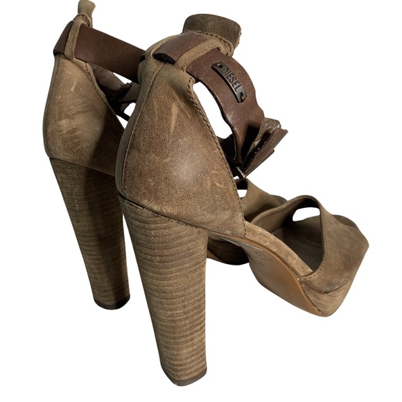 Diesel Brown Leather Distressed Stacked Heel Ankle Strap Open Toe Heeled Sandals - Picture 9 of 11